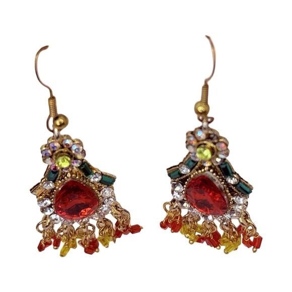 Indian Statement Crystal Necklace & Earrings Set Red Green Gold-Tone Bridal - Picture 12 of 16